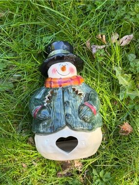 Festive Ceramic Snowman Lantern candle holder - Green Jacket, Orange Scarf